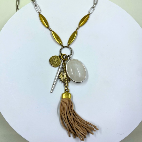 Stella & Dot Signed Long Necklace with Tassel and Quartz Pendants - Picture 3 of 6